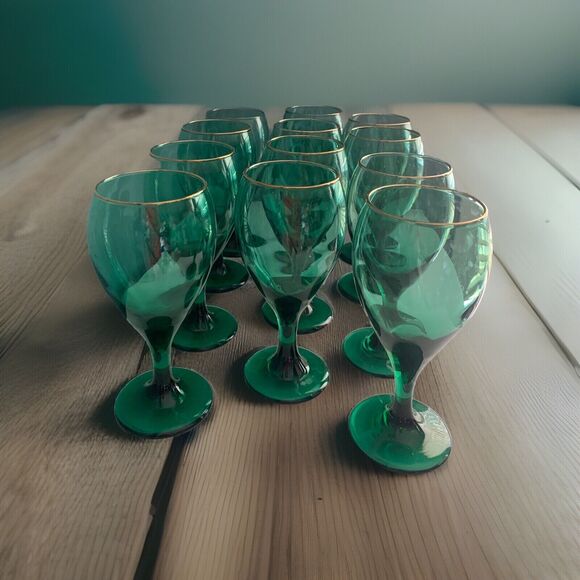 Set of 4 Vintage Libbey Teardrop Juniper Green Wine Goblets Glass Gold Rims - Picture 2 of 12